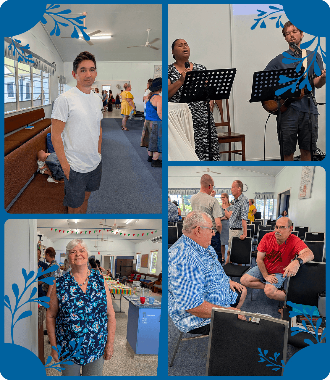 Collage of church members talking and playing music